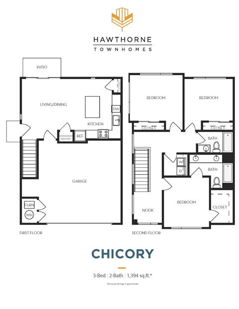 Floor plan for 3 beds, 2 baths, 1394 sqft